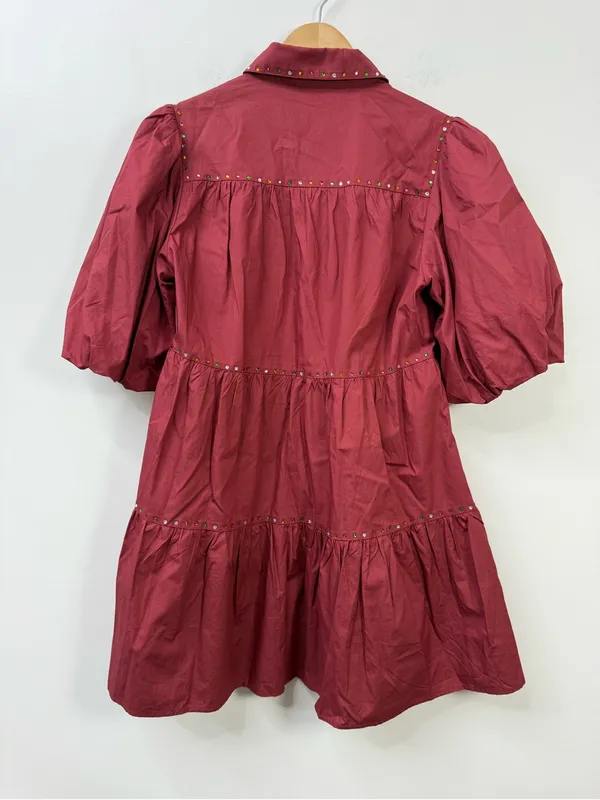 Tiered Puff-Sleeve Mini Dress in Burgundy size S - Image 4