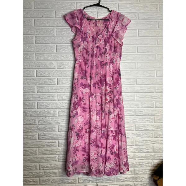 By the River Floral Maxi Dress Womens Large Pink Excellent Smocked Tiered Boho‎ - Image 2