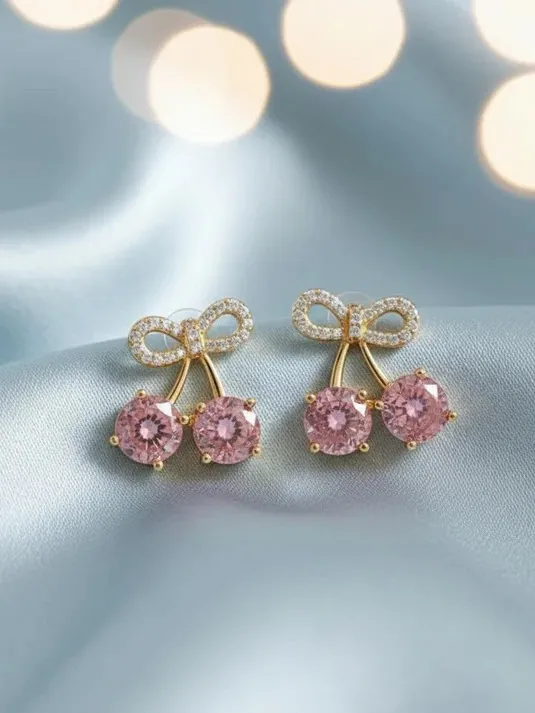 Gold-Tone Pink Crystal Cherry Drop Earrings with Rhinestone Bow Accents - Image 5