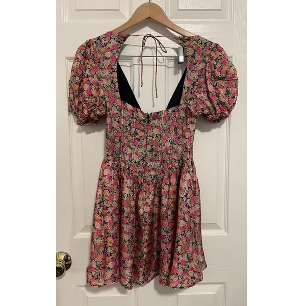 For Love & Lemons Paulina Mini Dress ASO Ariel Winter Pink Floral Puff Sleeve XS - Image 4