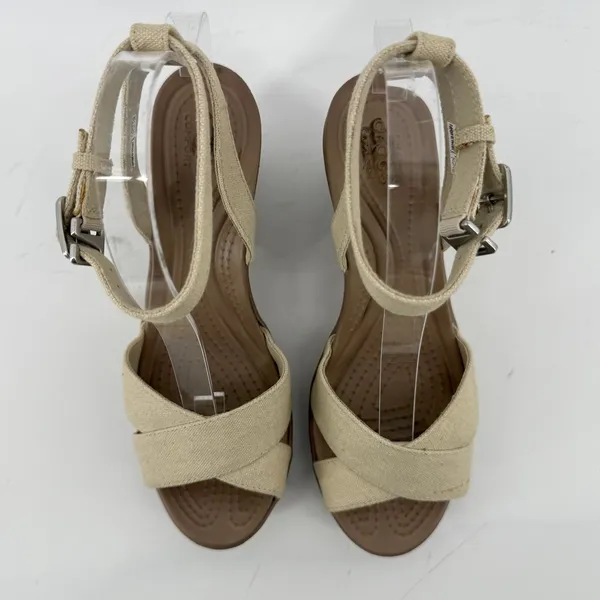 Crocs Leigh II Cross Strap Ankle Wedge Sandal Beige Khaki Women 7 Strappy Vacay - Image 3