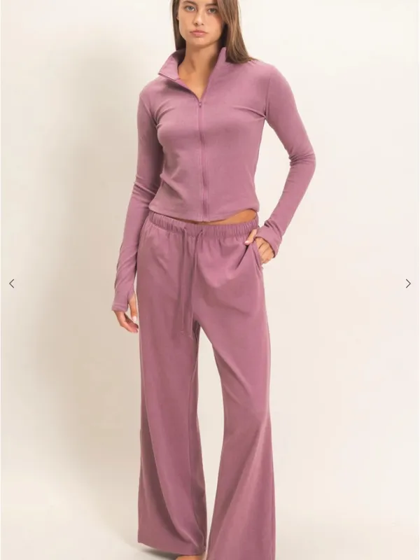 Dusty Mauve Plum Zip Up Top Wide Leg Pants Set Medium - Image 10