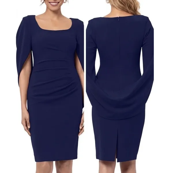 AQUA Formal Navy Blue Cape Sleeve Ruched Sheath Dress Size 0‎ NEW - Image 2