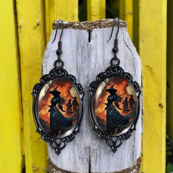 Vintage Style Witch-Themed‎ Black Lace Drop Earrings with Glass Accents - Image 4