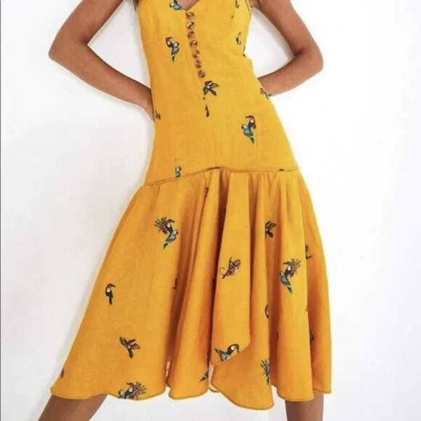 Farm Rio 100% Linen Jungle Tucanos Button Midi Yellow Embroidered Dress Sz XS - Image 4