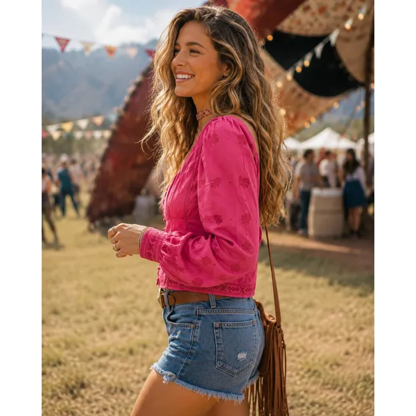 Aritzia WILFRED Palo Santo Blouse La Boheme Electron Fuchsia Embroidered XXS - Image 5