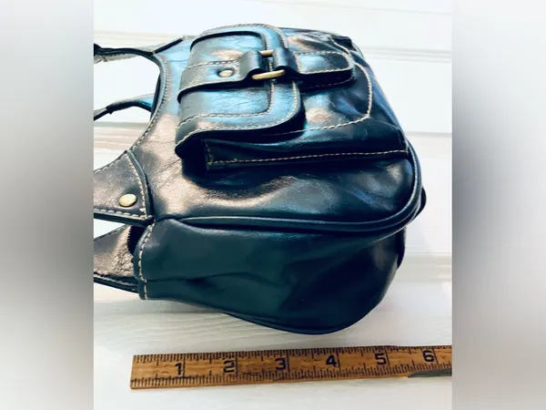 Navy Blue Shoulder Bag Purse Tote w/ Gold-Tone Accents: Faux Leather, Small - Image 9