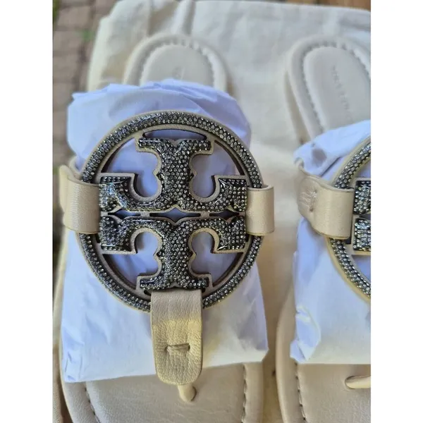 Tory Burch Leather Miller Pave Sandal In Cream Size 5 - Image 7