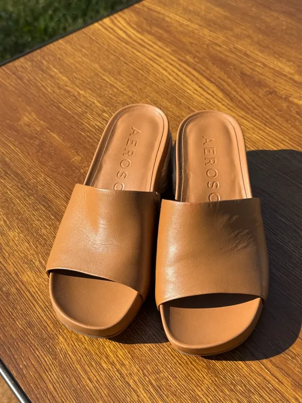 Aerosoles Brown Leather Slide Sandals Block Heel Espadrille 5.5 - Image 2