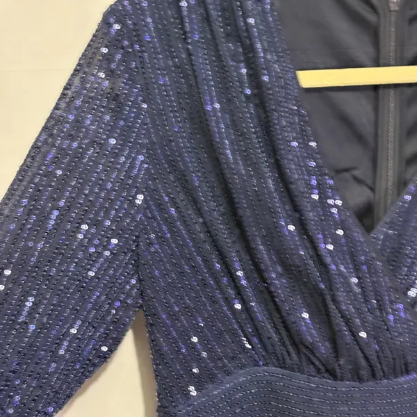 Navy Blue Sequin Wrap V-Neck Long Sleeve Lace Trim Cocktail Dress Evening Party - Image 7