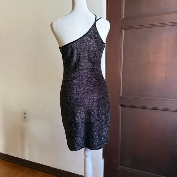 80s Guess by Maurice Marciano One Shoulder Mini Dress Black Gold Sparkles Small - Image 4