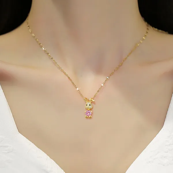 18K Gold Plated Bunny Pendant Necklace for Women,Pink Crystal Rabbit Necklace - Image 4
