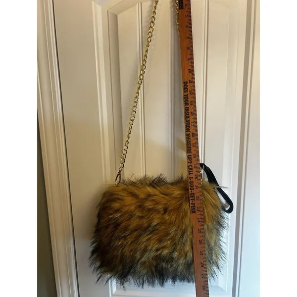 Faux Fur Shoulder Crossbody Bag Brown Gold Chain Cozy Winter Plush Handbag Purse - Image 7