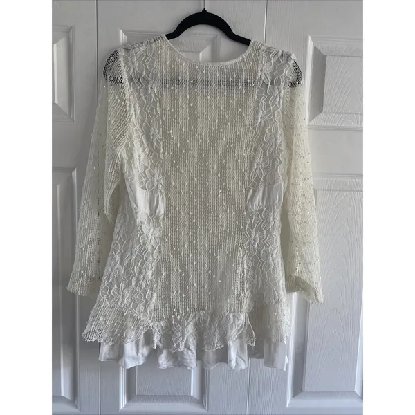 Indigo Soul Boho Lace Mesh Sequin Tunic Womens Size M Ivory White Long‎ Sleeve - Image 6