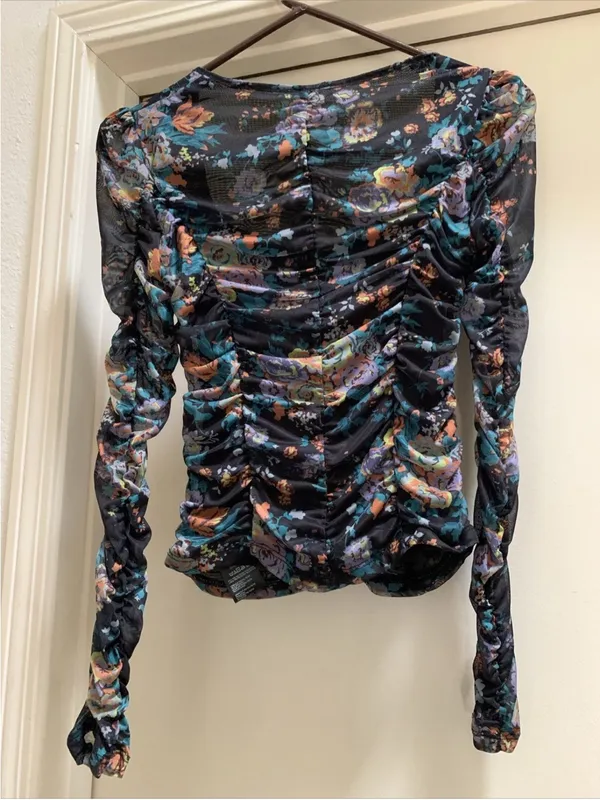 Anthropologie XS Top New NWT Long Sleeve Floral Ruched Mesh black Gorgeous RARE - Image 10