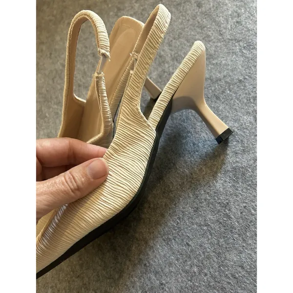 Cream Textured Fabric Slingback Kitten Heel Pumps 7 (37) Elegant Wedding Party - Image 3