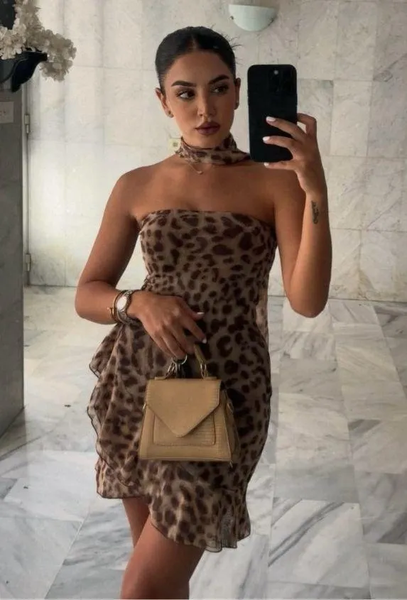 Zara Dress mini mesh sheer cheetah animal print Leopard Print Strapless Dress - Image 13