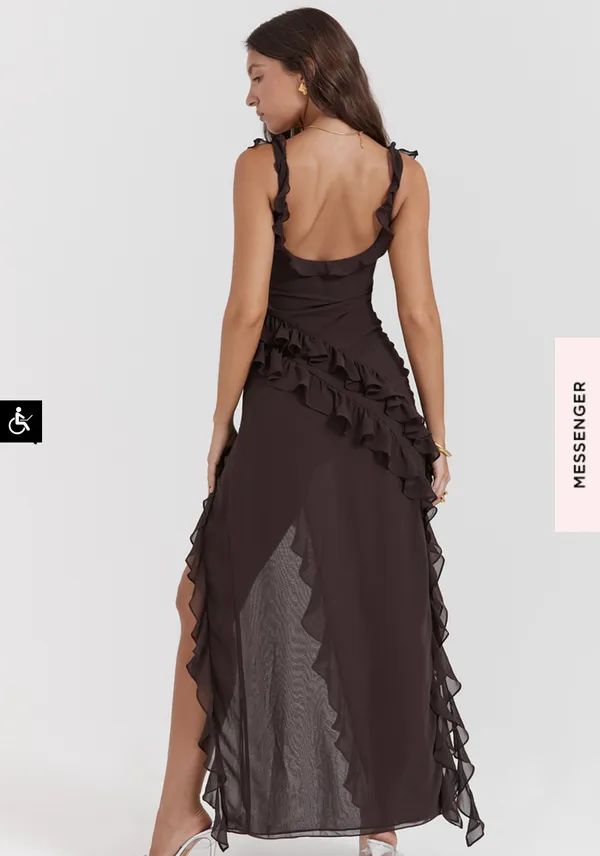 Ariela Ruffle Side Slit Gown in Coffee - Image 2