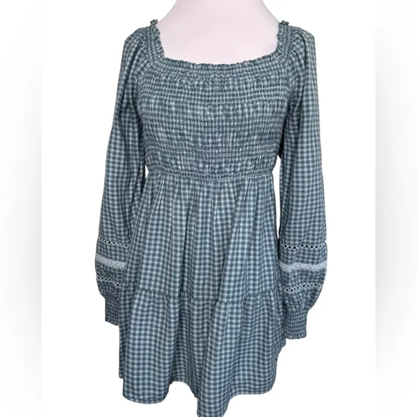American Eagle Plaid Mini Dress Smocked Long Sleeve Square Neck Gingham Babydoll - Image 6