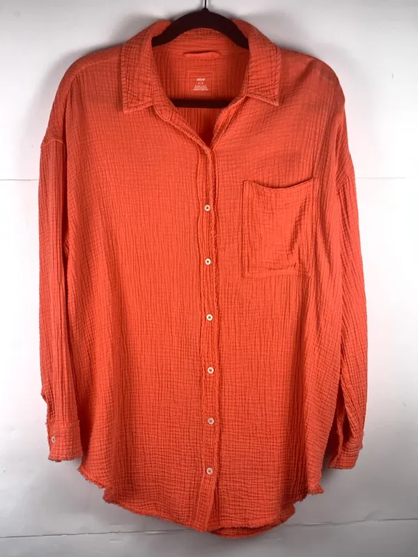 Aerie Womens S Pool to Party Gauze Shirt Orange Cotton Oversized Beach Cover Up - Image 4