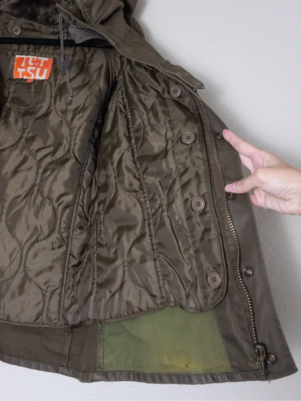 Y2K Tetsu Military Parka Coat M Olive Hooded Faux Fur Quilted Shell Utility - Image 3