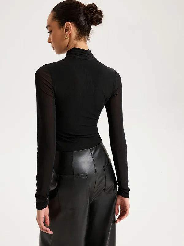 Commense Black Mesh Ruched Cross-Halter Long Sleeve Top NWT Size Small - Image 9