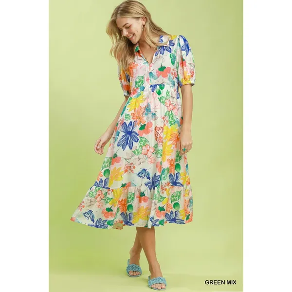 Umgee Watercolor Floral Tiered Midi Dress - Green Mix - Large - Image 4