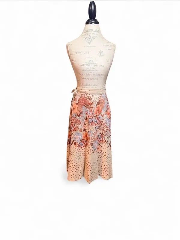 Orange, Brown, and Beige Floral Print A-Line Midi Wrap Skirt - Image 2