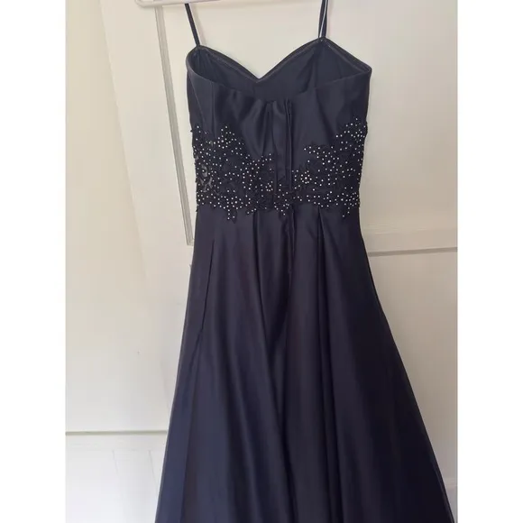 Blondie nite Navy Blue Satin Ball Gown Beaded Lace Waist Formal Evening Dress - Image 5