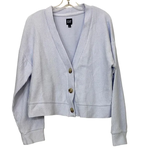 GAP Cardigan Light Blue Ribbed Knit Button Front Cropped V Neck Women's Size L‎ - Image 2
