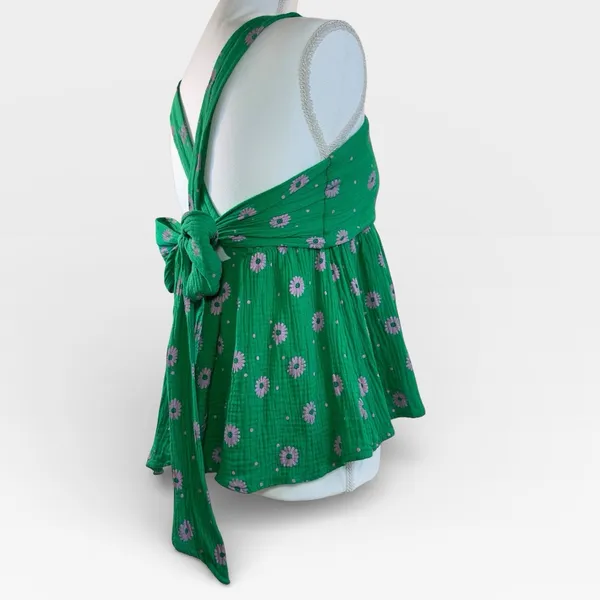 Entro Green Floral Babydoll Top with Bow Tie Spring Open Back Detail MEDIUM - Image 6