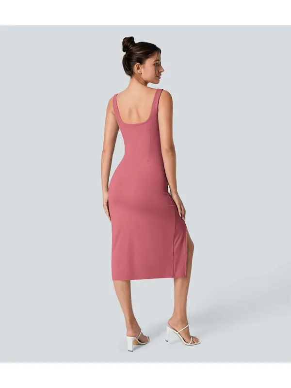 Halara SoftlyZero Airy Square Neck Corset Ruched Bodycon Midi Dress Pink XL - Image 2