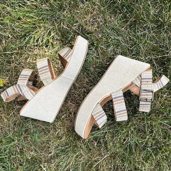 Y Not Bea Strappy Wedge Textured Sandals Womens 9 Natural Stripes Boho Platform - Image 5