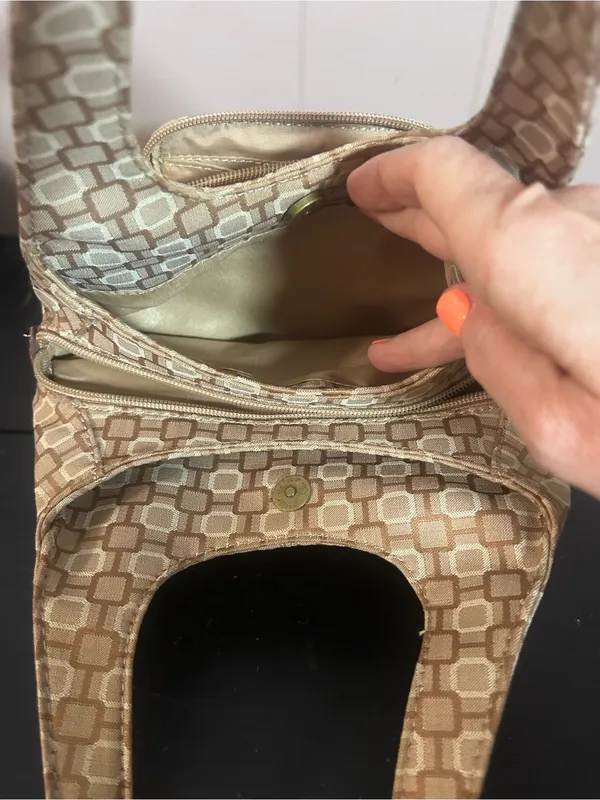 Nine West Beige Jacquard Mini Hobo Shoulder Bag Tan Zip Organizer Purse - Image 8