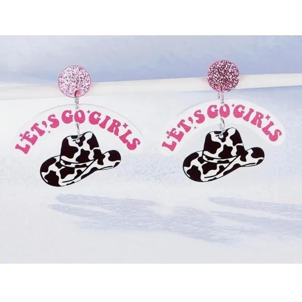 Let's Go Girls Earrings Women OS Pink Cow Print Western Acrylic Dangle Nashville - Image 2