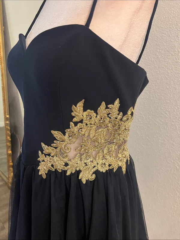 Dark Blue Spaghetti Strap Mini Dress with Gold Appliqué - Image 2