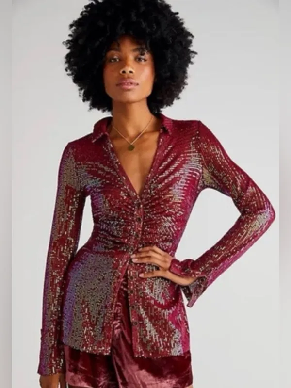 Free‎ People Magenta Sequin Long Sleeve Button Down Shirtee Top Size Small - Image 2