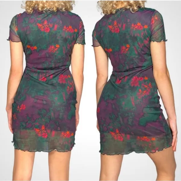 Shein Sheer Lined Butterfly Print Bodycon‎ Dress Short Sleeve Small - Image 6