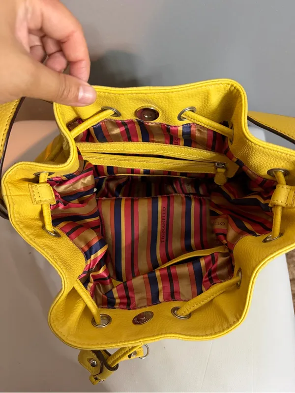 Tignanello Yellow Genuine Leather Bucket Bag Drawstring Shoulder Purse - Image 8