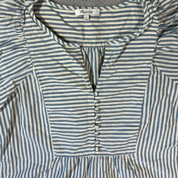 Madewell Courtyard Striped Puff Sleeve Peplum Blouse Medium Blue White Button Fr - Image 4