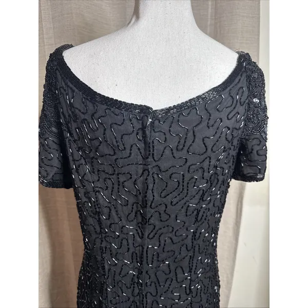 Vintage 90s Papell Boutique Black silk floral beaded sequin gown black tie Sz 14 - Image 9