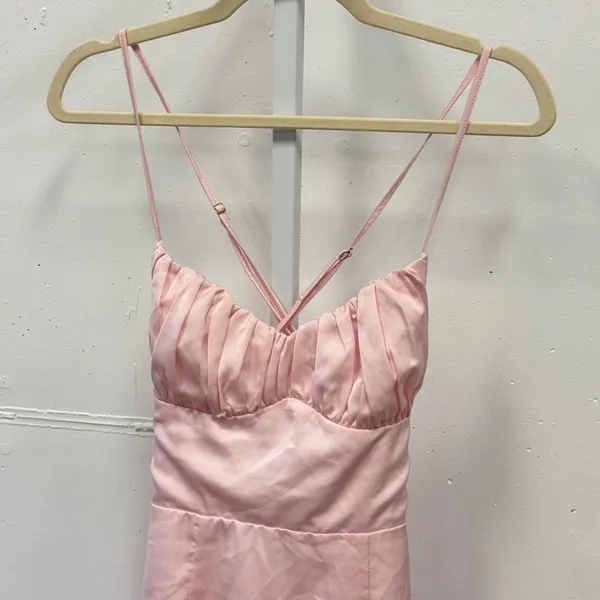 Beginning Boutique Pink Satin Mini Dress Ruched Bust Cross Back USA 6 AUS 10 - Image 3