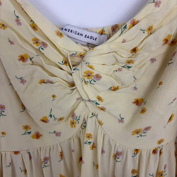 American Eagle Babydoll Blouse Yellow Floral Short Sleeve Boho Cottage Large - Image 3
