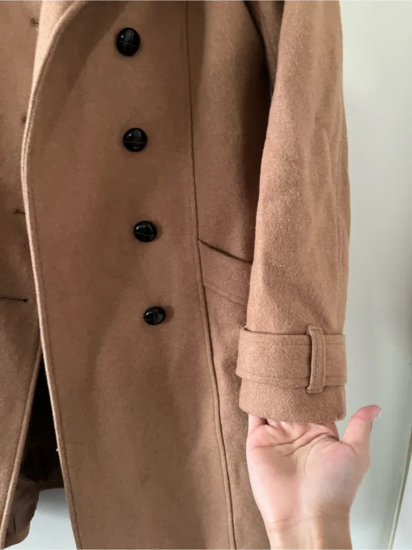 H&M Double Breasted Tan Camel Wool Belted Trench Coat 10 Quiet Luxury Preppy - Image 5
