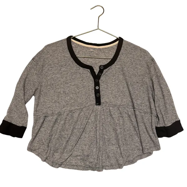 Free People Waffleknit Babydoll Henley Top Gray Black Boho Grunge Oversized M - Image 2