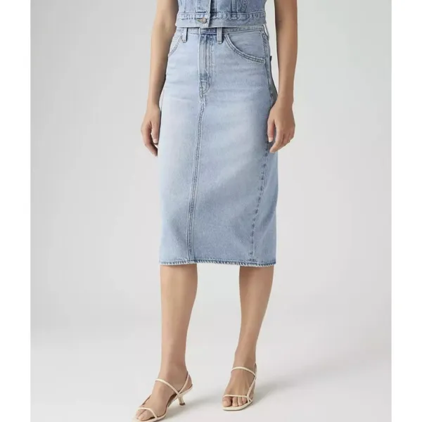 New Levi's 28 Premium High Rise Slit Denim Skirt Riveting Clean Hem Light Wash - Image 2