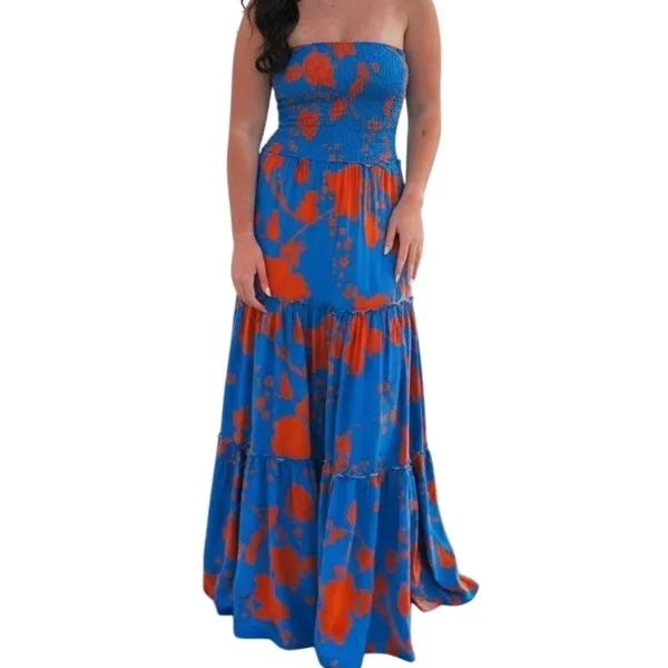 Abel The Label XS Maxi Dress Blue Orange Floral Smocked Strapless‎ Wedding Guest - Image 2