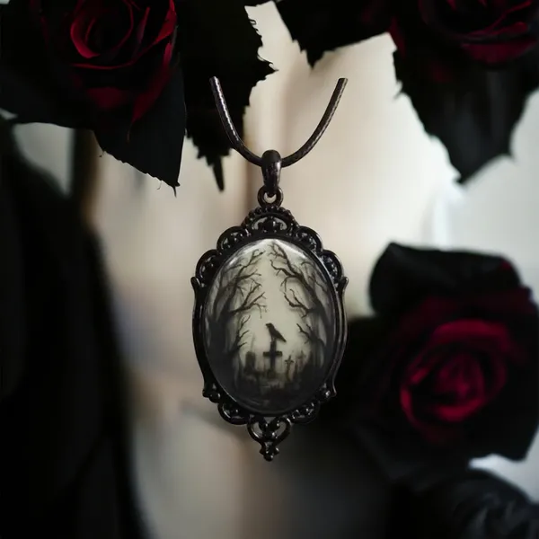 Gothic Crow Forest Cameo Pendant Necklace A Stylish‎ Rope Necklace - Image 5