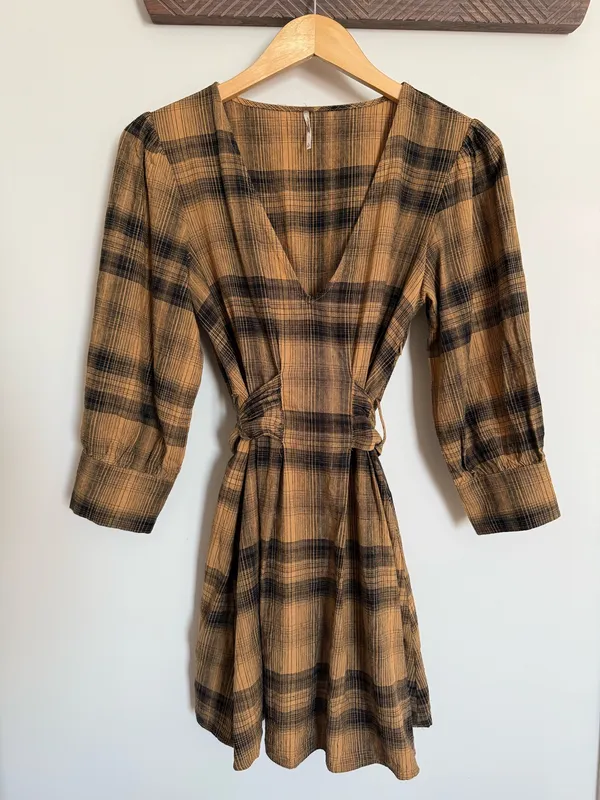Free People English Rose Plaid Mini Dress Linen Blend Size 2 - Image 4