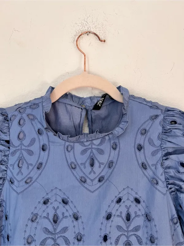 Zara Blue Floral Eyelet Mini Dress XS 100% Cotton Long Sleeve Cottagecore - Image 5